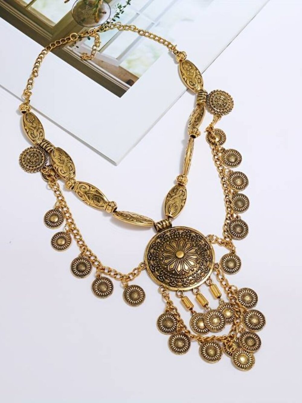 070 Antique Golden Vintage Tribal-Inspired Necklace with Coin Pendant - Multi-La
